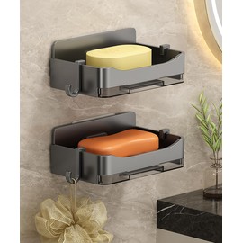 Soap Holder, No Drilling, Pack of 2 Soap Dish with Drain, Soap Dish Soap Dishes for Bathroom, Shower, Kitchen