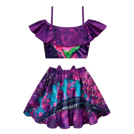 Descendants Bathing Suit for Girls, Cute Princess 2 Pieces Swimsuits Cartoon Printed Swimwear Bikini Sets (8-9 Years, Purple)