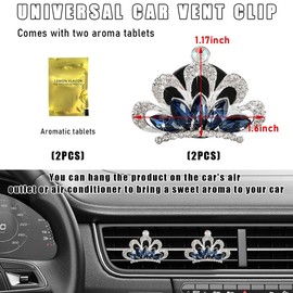 Ohleats 2 PCS Crown-Shapes Car Air Vent Clips, Bling Crystal Rhinestone Crown Air Conditioning Outlet Clip, Sparkling Air Vent Clips with 2 Scented Cottons, Car Accessories (Blue)