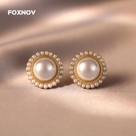FOXNOV 14K Gold Plated Pearl Earrings, 925 Sterling Silver Post Lightweight Hypoallergenic Earrings, Floral Design Studs, Women's Jewelry with Gift Box