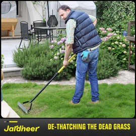 JARDINEER 21-Tine Thatch Rake & Manual Dethatcher - Dual-Sided 15" Heat-Treated Carbon Steel Lawn Dethatching Tool with 61.4" Alloy Handle | Multi-Surface Thatching Rakes for Grass, Soil & Turf