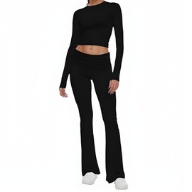 2 Piece Lounge Set Women Long Sleeve Pajamas for Women Flare Pants Set Comfort Womens Loungewear Set Skims Pajama Set Black