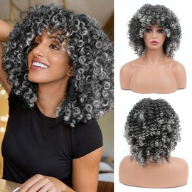 Doxken Afro Curly Wig with Bangs 14 Inches Short Kinky Curly Wigs Synthetic Full Wigs for Black Women for Cosplay and Daily Gradient Gray R20906