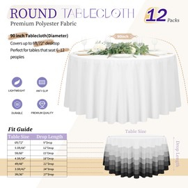 12 Pack White Polyester Tablecloths - 90 inch Round Table Covers, Waterproof, Stain Resistant, Washable for Wedding, Party, Buffet, Camping