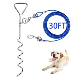 Evilplan Dog Tie Out Cable and Anti Rust Spiral Stake , 30ft Outside Leash&Chain for Camping and Yard, 16' Heavy Duty for Medium-Large Dogs Up to 125 lbs (30FT, Blue)