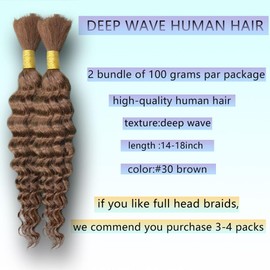 Human Braiding Hair 14 Inch 50 g 1 Bundle Deep Water Wave Bulk Human Hair for Braiding Curly Human Hair for Boho Braids Wet and Wavy Human Hair Extensions No Weft Micro Braiding Hair #30 Brown