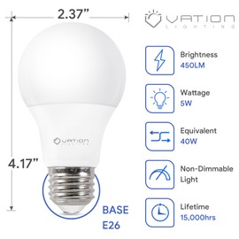 VATION 4 Pack A19 LED Light Bulb, 40 Watt Equivalent, Efficient 5Watt, 450 Lumens, Neutral 4000K, E26 Medium Base, Non-Dimmable, ETL/UL Listed