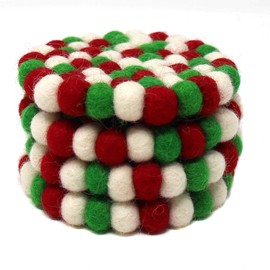 Global Crafts Hand Crafted Felt Ball Wool Coaster Set from Nepal, 4" Natural Drink Coaster, 4-pack, Christmas Multicolor