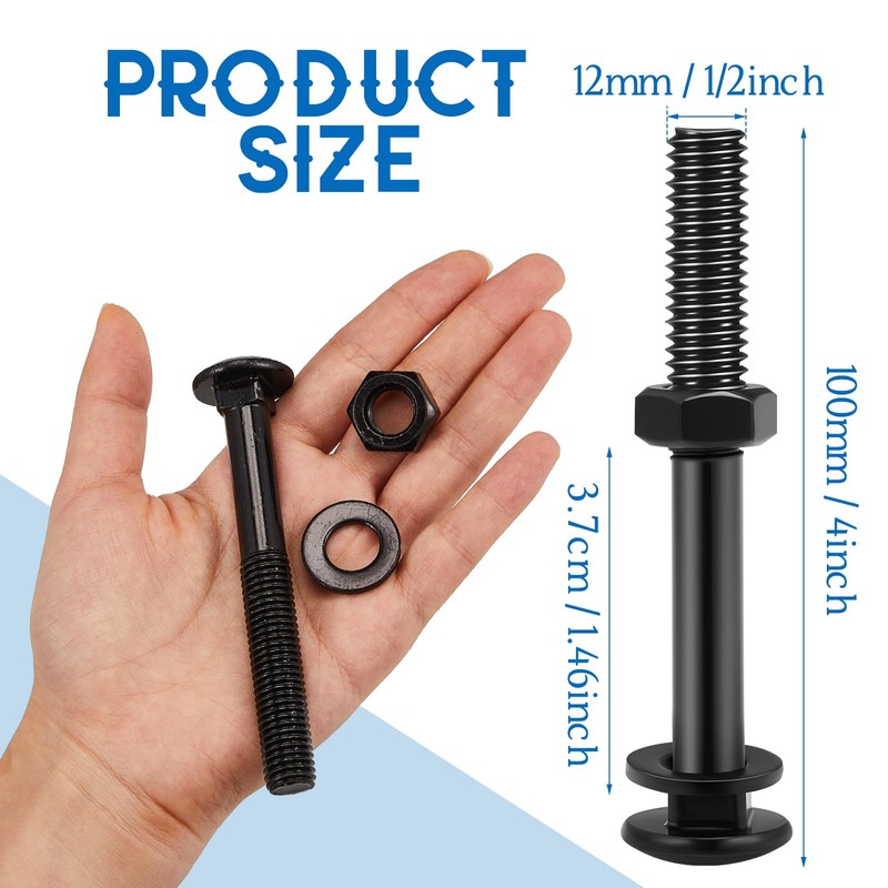 Zonon 12 Sets 1/2 x 4 Inch Black Carriage Bolt