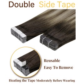Hetto Tape in Hair Extensions Human Hair Balayage Tape on Human Hair Extensions Straight Seamless Tape in hair extensions Dark Brown to Light Brown with Medium Blonde #3/8/22 24inch 50g 20pcs