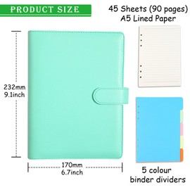 A5 Ring Binder, 6 Ring PU Leather Loose Leaf Notebook Planner Notebook Cover with 45 Sheets A5 Lined Paper, Binder Dividers for School Office Meetings,Green