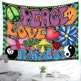 F-FUN SOUL Peace Love and Happiness Tapestry, 100x90inches Soft Flannel, Mushroom Psychedelic Tapestries 70s Theme Tapestry Wall Hanging for Bedroom Living Room Decor GTZYFS1339