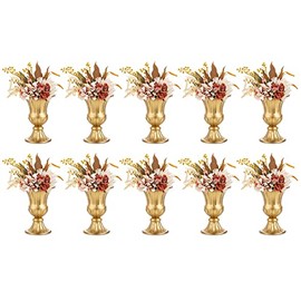 Nuptio - Jarrones dorados para centros de mesa, 10 unidades, 9 pulgadas de altura, maceta de urna de metal, elegantes centros de mesa de boda para mesas, jarrón de trompeta para bodas y decoración de