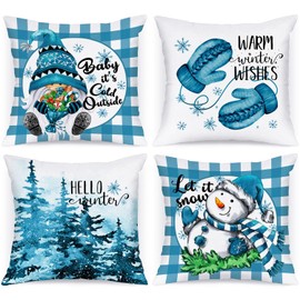 Lanpn Cute 16x16 Christmas Throw Pillow Covers Set of 4, Gnome Snowman Decorative Holiday Pillow Case Cushion Cover 16 x 16 for Indoor Home Bedroom Sofa Couch Xmas Decor Blue