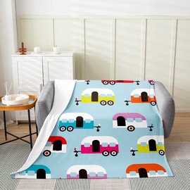 Erosebridal Camper Throw Blanket Baby Size, Happy Camping Fleece Blanket Room Decor, Cartoon Travelling Camping Blanket for Sofa Couch, Colorful Camping Fuzzy Blanket for Camp Lovers Campsite Hiking