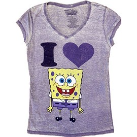 Spongebob SquarePants I Love Heart Spongebob V-Neck Heathered Lilac Juniors T-shirt Tee (Juniors Medium)