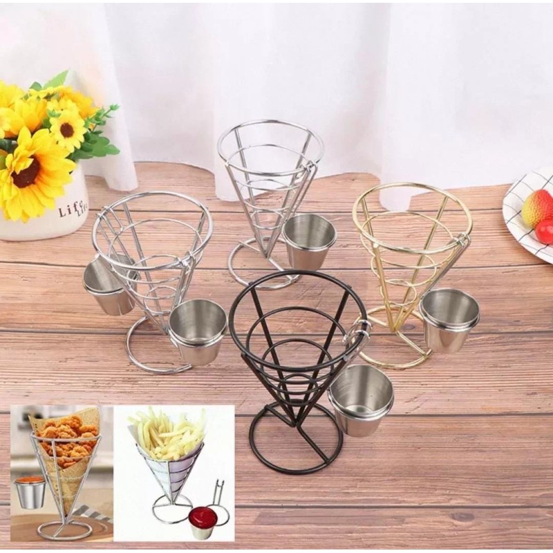 CL Cono Botanero Acero Inoxidable Con 2 Contenedores Salsa Reja