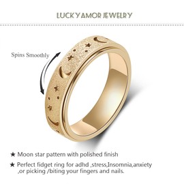 LuckyAmor Anxiety Ring for Women Spinner Rings:Rotating Rings Stainless Steel 6mm Moon Star Anxiety for Men Band Jewelry Gift for Women Size 5 6 7 8 9 10 (B-Gold, 6)