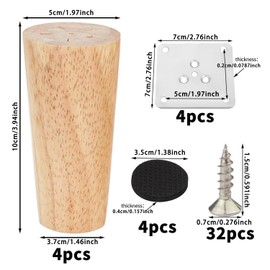 Qalviora Sofa-Beine, 4 Stück, Holz-Möbelbeine, 10 cm, konische Ersatzbeine mit Gummischutz-Pads und vorgebohrten M8-Schrauben für Bett, Tisch, Stuhl, Sofa, Fußhocker, Ottomane