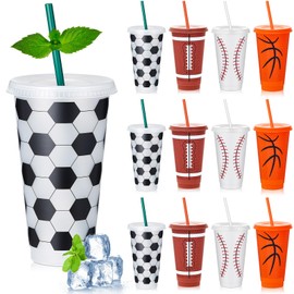SiliFine 12 Pcs Sports Themed Party Decorations Cups 24 oz Sports Plastic Tumbler with Lid and Straw Reusable Cups Gifts Sports Birthday Party Decorations for Coach Boyfriend Sports Party Favors