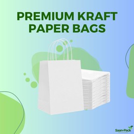 Saan-Pack White Paper Bags with Handles, 10" x 5" x 13", 100 Pack, Bulk Kraft Paper Bags, Ideal as Food Service, Take-Out Bag or Retail Bag.