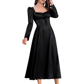 Low Cut Corset Dress Long Midi Dresses Women's Silk Dress Long Sleeve Satin Dresses Fall Formal Wedding Guest Attire Evening Cocktail Party Dresses Viral Y2K Milkmaid Dress Black L