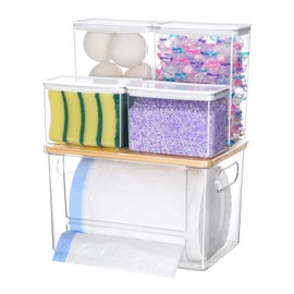 iCASA Trash Bag Dispenser Dishwasher Pods Container, 5 in 1 Garbage Bags Holder Under Sink Organizer Acrylic Laundry Pod Detergent Powder Container, Kitchen Pantry Laundry Room Organization Storage
