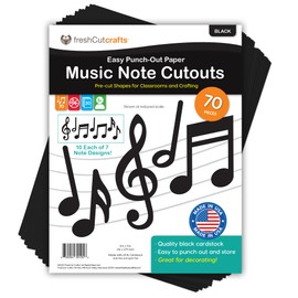 70 pcs Black Music Notes Cutouts Musical Party Decorations in 7 Designs, US Made Card Stock Easy Punch Out for Music Concert, 50s Rock & Roll Party, Musical Play, Bulletin Board, Music Themed Crafts