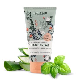 Jean & Len - Crema de Manos Halagadora Aloe Vera y Albahaca, cuidado de manos para manos normales a secas, nutre intensamente, sin parabenos ni siliconas, vegano, tubo de crema de manos, 2.53 Fl. Oz.
