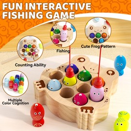 edutree Montessori Wooden Magnetic Fishing Game for Toddlers 1-3, Frog Fishing Color Sorting Sensory Preschool Educational Learning Fine Motor Skills Toys for 2 3 4 Years Old Boys Girls