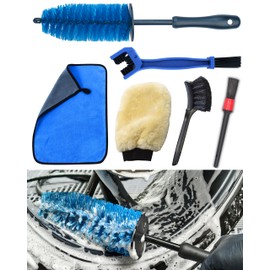 Motorcycle Cleaning Brush Kit 6 Pack, Easy Reach Brush, Chain Brush,Wool Wash Mitt, Stiff Tire Brush, Detailing Brush& Microfiber Towel for Motorcycle Mudguard, Rims,Exhaust, Frame Detailing Wash Kit