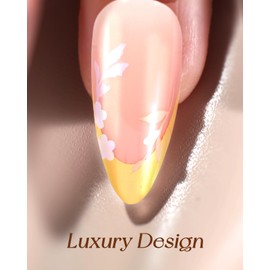 Swooflia Medium Almond Press On Nails French Tip – Orange Flower Fake Nail Glue Stick On Acrylic Artificial Flase Fingernails for Women, 24 PCS Reusable Handmade Manicure Art Nails with Stickers Glue