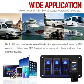 Switch Panel, Waterproof, Boat Switch, 3 Rungs, Car, Boat, Marine, Rocker Switch, Switch Panel Switch, LED Circuit, Rocker Panel, On/Off Switch, LED Voltmeter, Dustproof, Power Socket, USB Socket,
