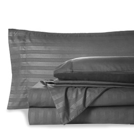Mocassi Queen Stripe Sheet Set - Luxury Hotel 1800 Premier Bedding Sheets & Pillowcases - Ultra Soft Breathable & Cooling Bed Sheets - Wrinkle Resistant - 6 Piece Set - Queen, Gray