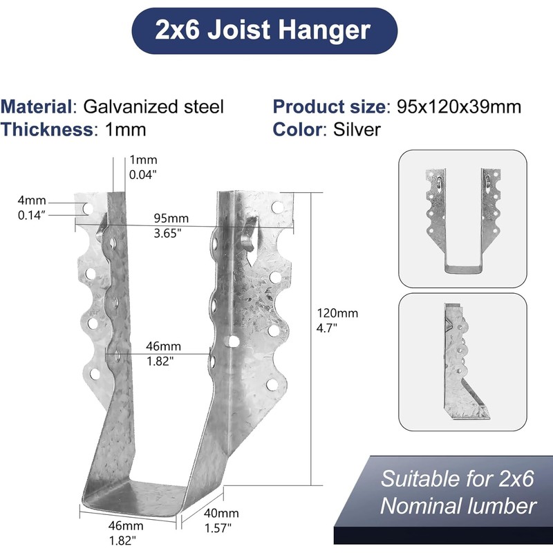 Joist Hangers 2x6 for Wood 20 Gauge Galvanized Face Mount