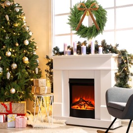 Dingion 20 Inch Cedar Wreath Faux Cedar Christmas Wreath Realistic Christmas Outdoor Wreath with Vintage Rustic Cow Bell Brown Velvet Ribbon for Christmas Decorations Holiday Indoor Front Door Decor