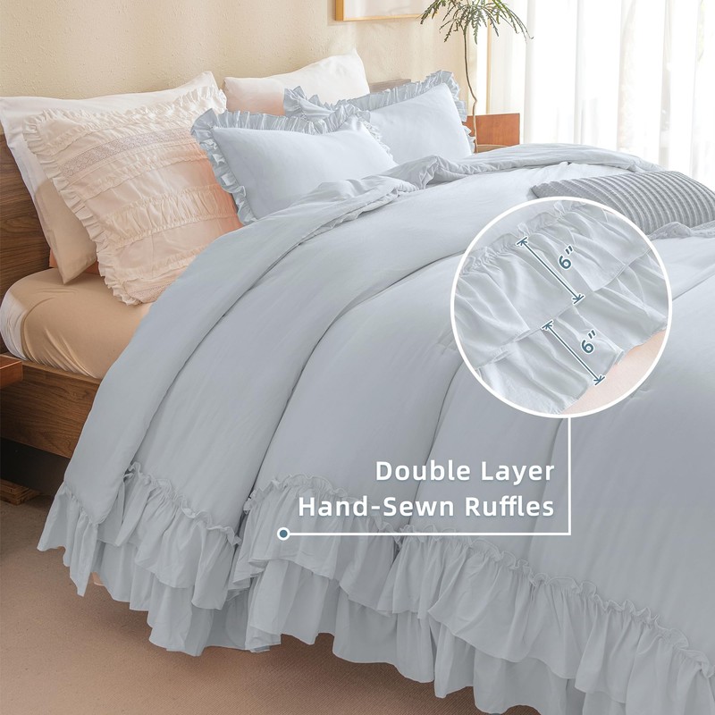 Queen's House Light Blue Ruffled Comforter Set Queen Size, Lightweight