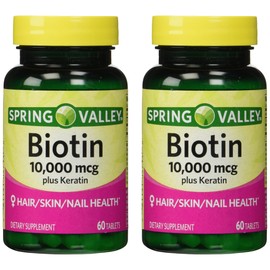 Spring Valley 10000mcg Biotin with 100mg Keratin Dietary Supplement, 60 Count (Pack of 2)