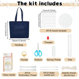 WEBEEDY Sashiko Handbag Kit DIY Floral Sashiko Template Tote Bag Embroidery Bag Kit,Sashiko Pattern Starter Kit with Instructions for Beginners Craft Project Hand Sewing Kit,34x31x12cm