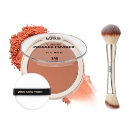 Kiss New York Soft Matte Pressed Powder (Warm Coconut) With Dual Ended Powder Brush Set, Blurring Poreless Face Powder Makeup, Medium Coverage Setting Powder Infused with Salicylic Acid & Niacinamide