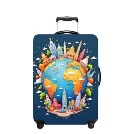 Suitcase Cover with World Travel Design, Luggage Protector, Fit for 18-21 Inch Luggage Durable Travel Bag Cover with Zipper Closure