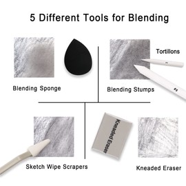 HIFORNY 38 PCS Sketch Drawing Tools - Blending Stumps and Tortillions Set Blending Tools with Art Sketch Wipe Scrapers,Rub Sponge,Kneaded Eraser and Sandpaper Blocks