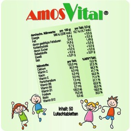 Amosvital Fizzy Vits Children's Lozenges, 50 Tablets, Cherry Flavour, Calcium, Vitamin C, Vitamin B1, B2, B3, B5, B6, B7, B9 and Vitamin B12, Vegan, Lactose Free, Gluten-Free