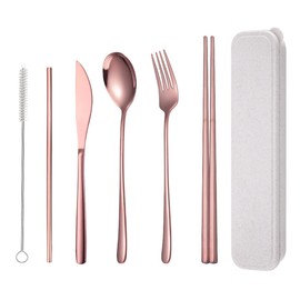 AARAINBOW - Juego de cubiertos de acero inoxidable 18/8 de 6 piezas, portátil, reutilizable, juego de utensilios de viaje, incluye palillos, cuchillos, tenedores, cucharas, pajitas, cepillo para polvo