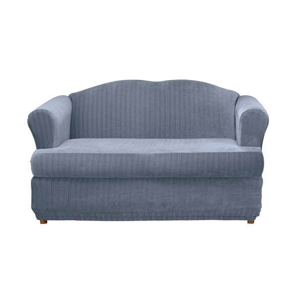 Surefit Stretch Pinstripe T-Cushion Loveseat Two Piece Slipcover, Form Fit, Polyester/Spandex, Machine Washable, French Blue Color