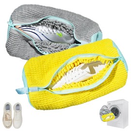 IHOMAGIC 2 Pcs Shoe Washing Machine Bag, Reusable Trainer Washing Machine Bag, Shoe Laundry Bag with Mesh Pocket, Easy Cleaning Shoe Washing Bag, Zipper Laundry Shoe Bag for Sneaker, Yellow/Grey