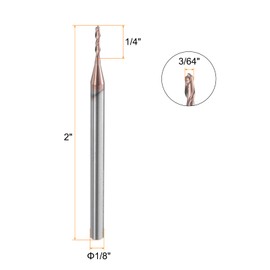 sourcing map Ball Nose End Mill 2 Flute 3/64" Diameter 1/8" Shank Tungsten Carbide Uncoated Spiral CNC Router Bits 1/4" Cutting Length Single End Ball for Carving Engraving Grinding