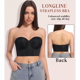 Curyon Women's Longline Strapless Full Figure Plus Size Corset Top Anti Slip Underwire Bra Hide Back Fat Black 32D