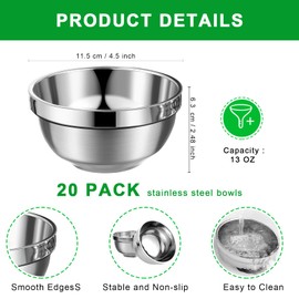 Mimorou 20 Pack 304 Stainless Steel Bowls Set 13oz Metal Double Walled Insulated Snack Mixing Lightweight Multipurpose Toddler Dinner Bowls for Ice Cream, Cereal, Snack