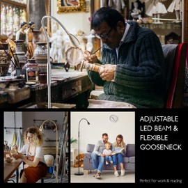 O’Bright Ray – Adjustable LED Beam Floor Lamp, Dimmable and Zoomable Spotlight, Flexible Gooseneck, Reading/Crafting Standing Lamp, Work Table Light, Brushed Nickel